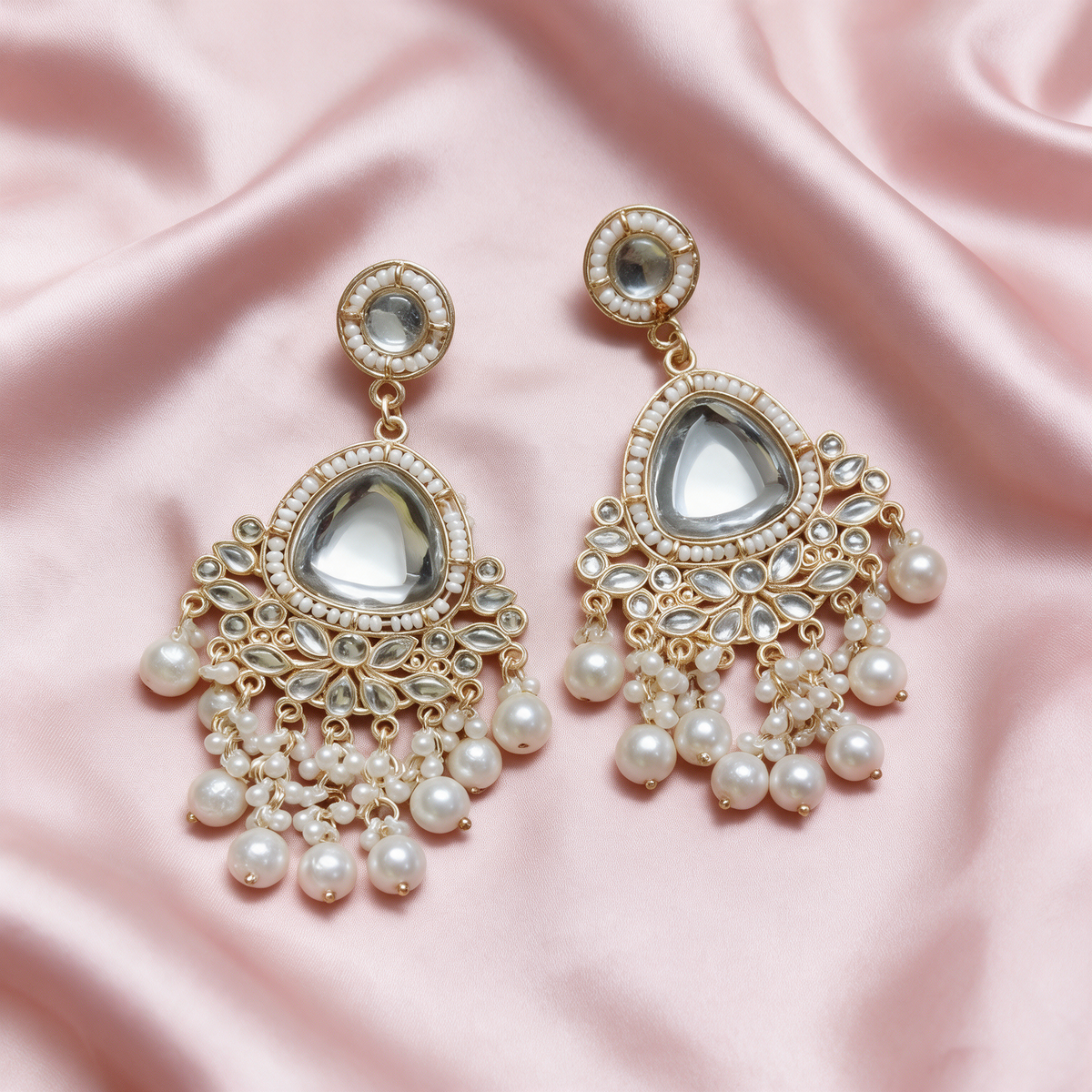 Pearl Kundan Drop Statement Earrings