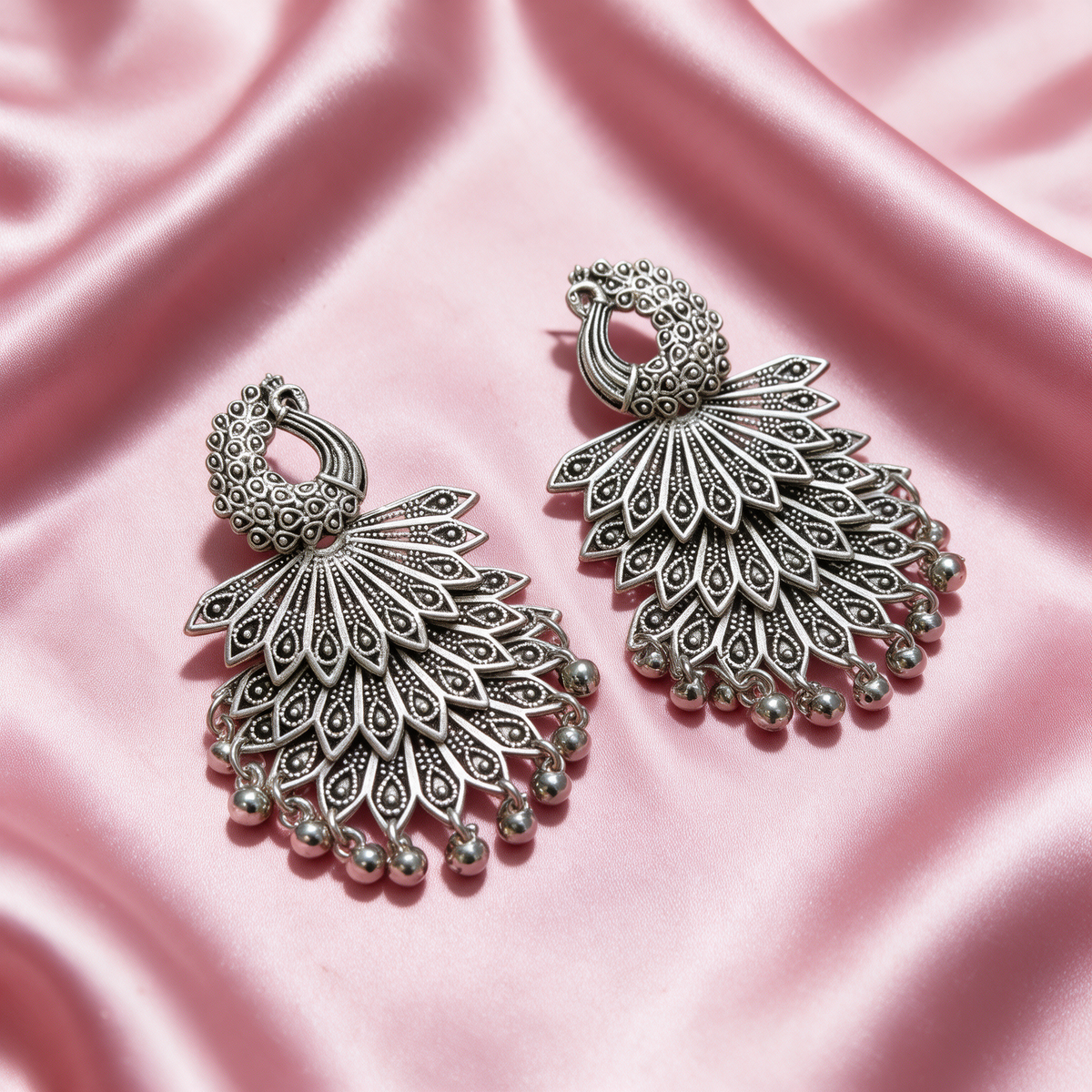 Oxidised Silver Peacock Statement Earrings