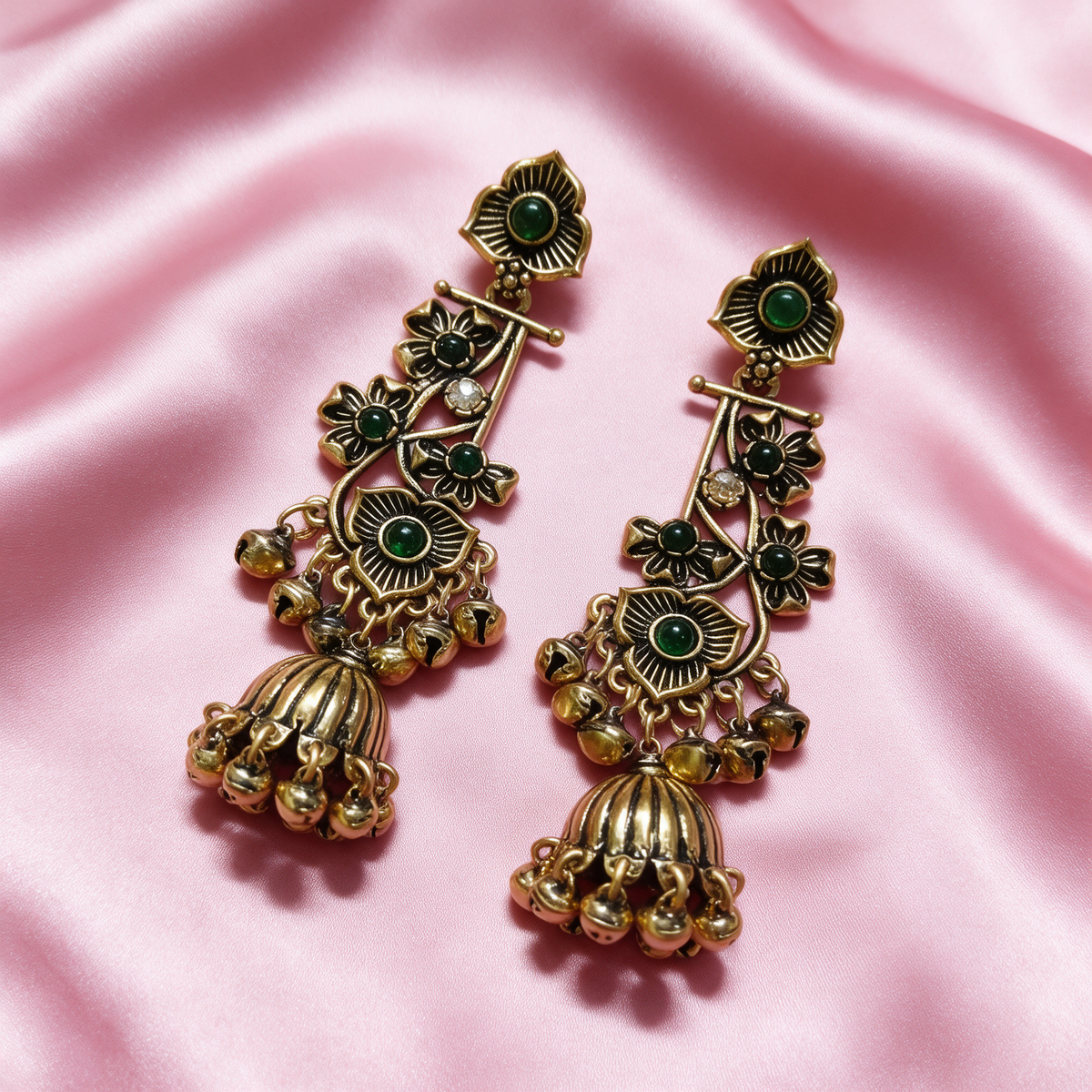 Antique Gold Floral Jhumka Earrings
