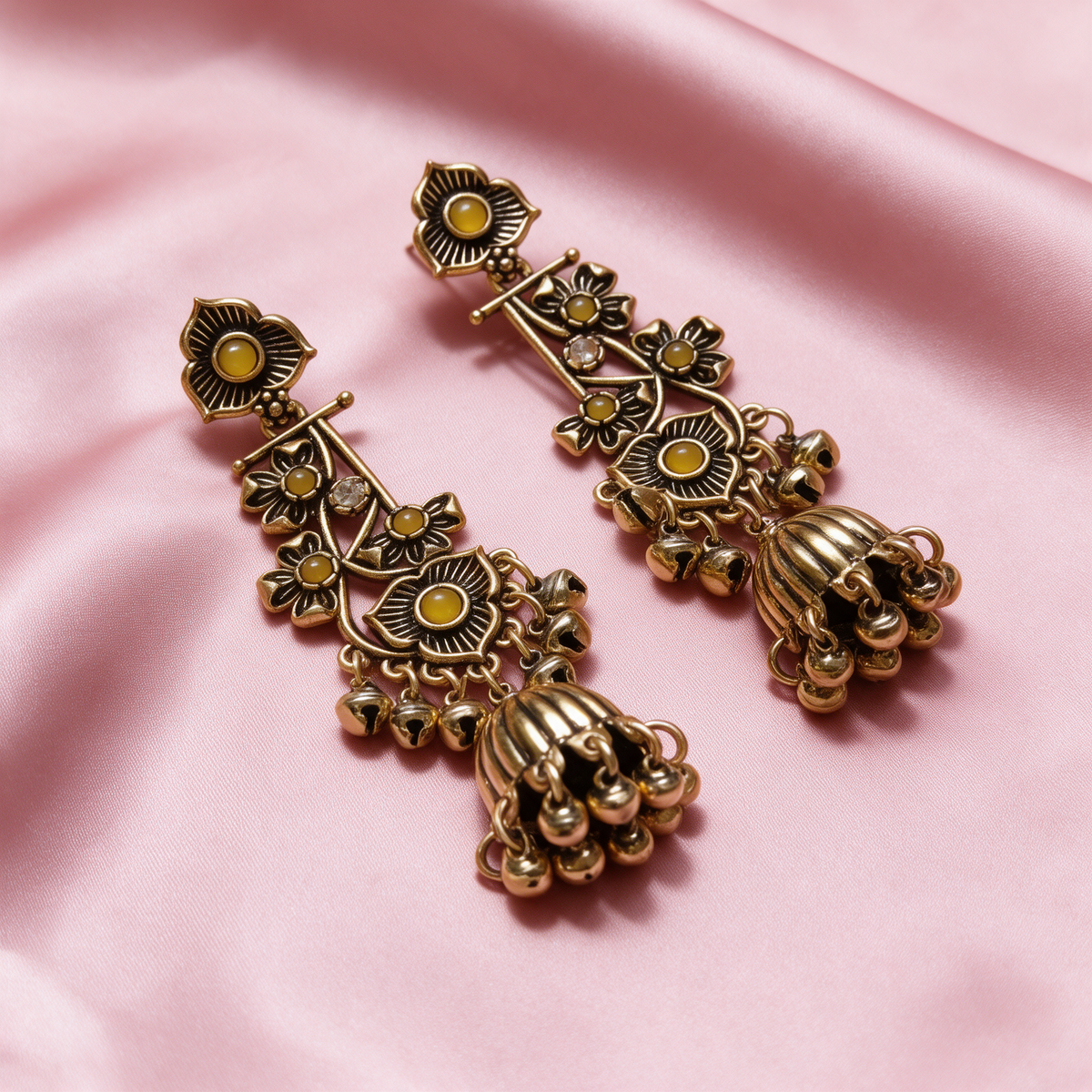 Antique Gold Floral Jhumka Earrings