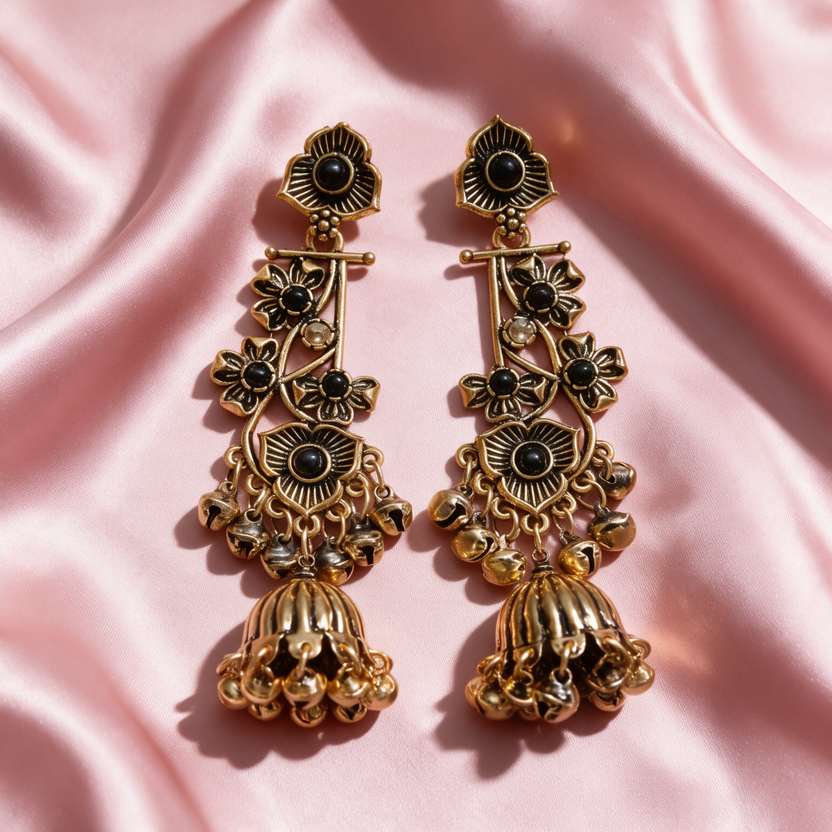 Antique Gold Floral Jhumka Earrings