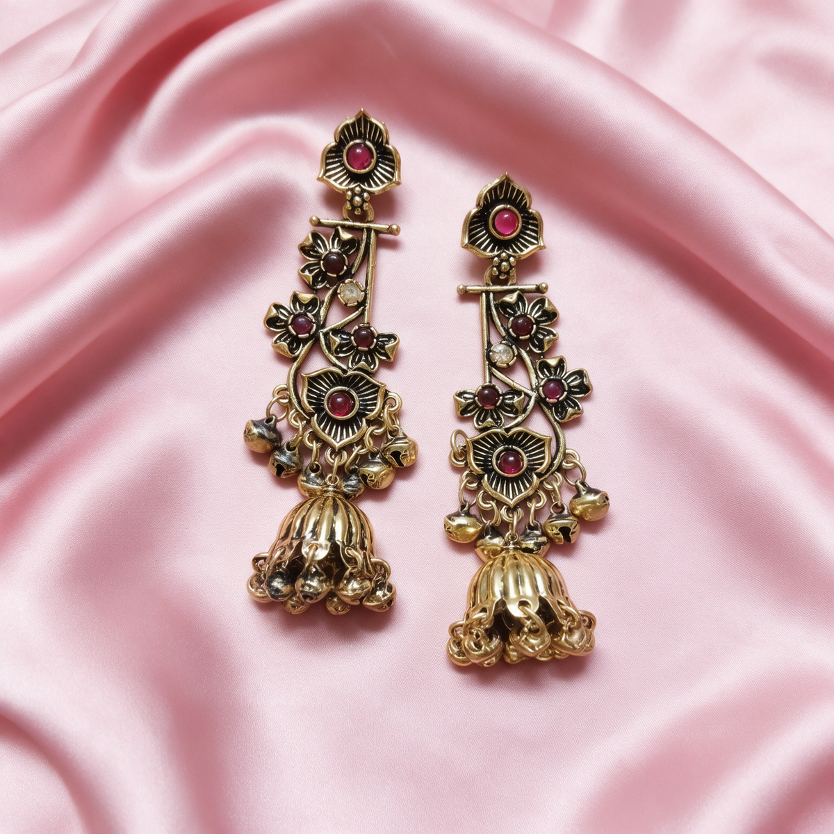 Antique Gold Floral Jhumka Earrings