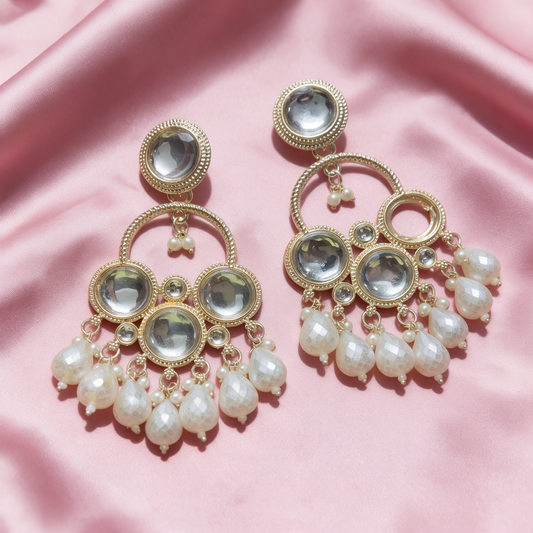 White Pearl Kundan Chandbali Earrings
