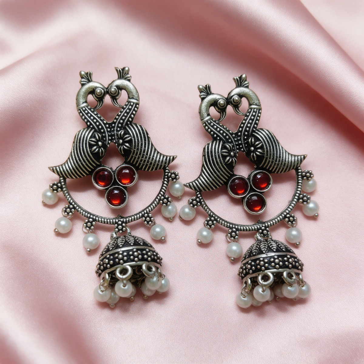 Silver Peacock Jhumka Earrings