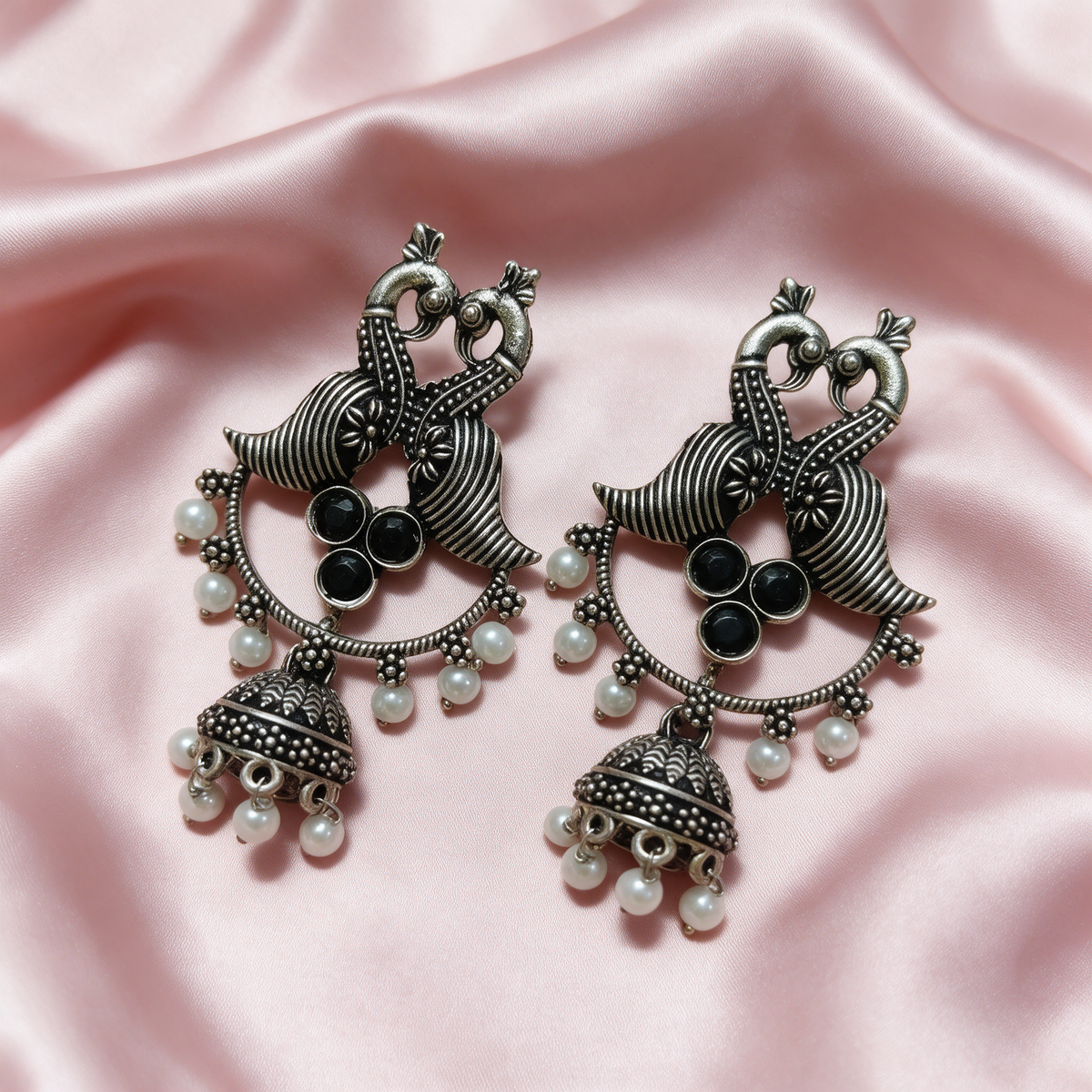 Silver Peacock Jhumka Earrings