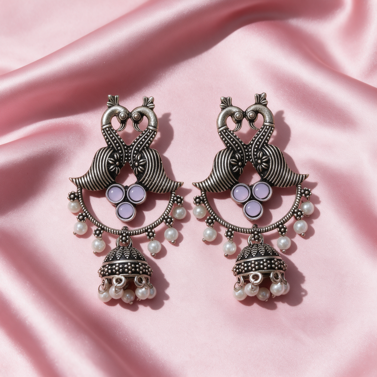 Silver Peacock Jhumka Earrings