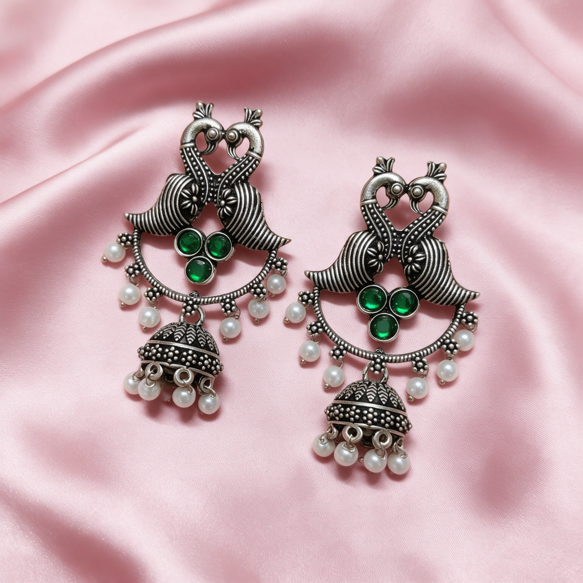 Silver Peacock Jhumka Earrings