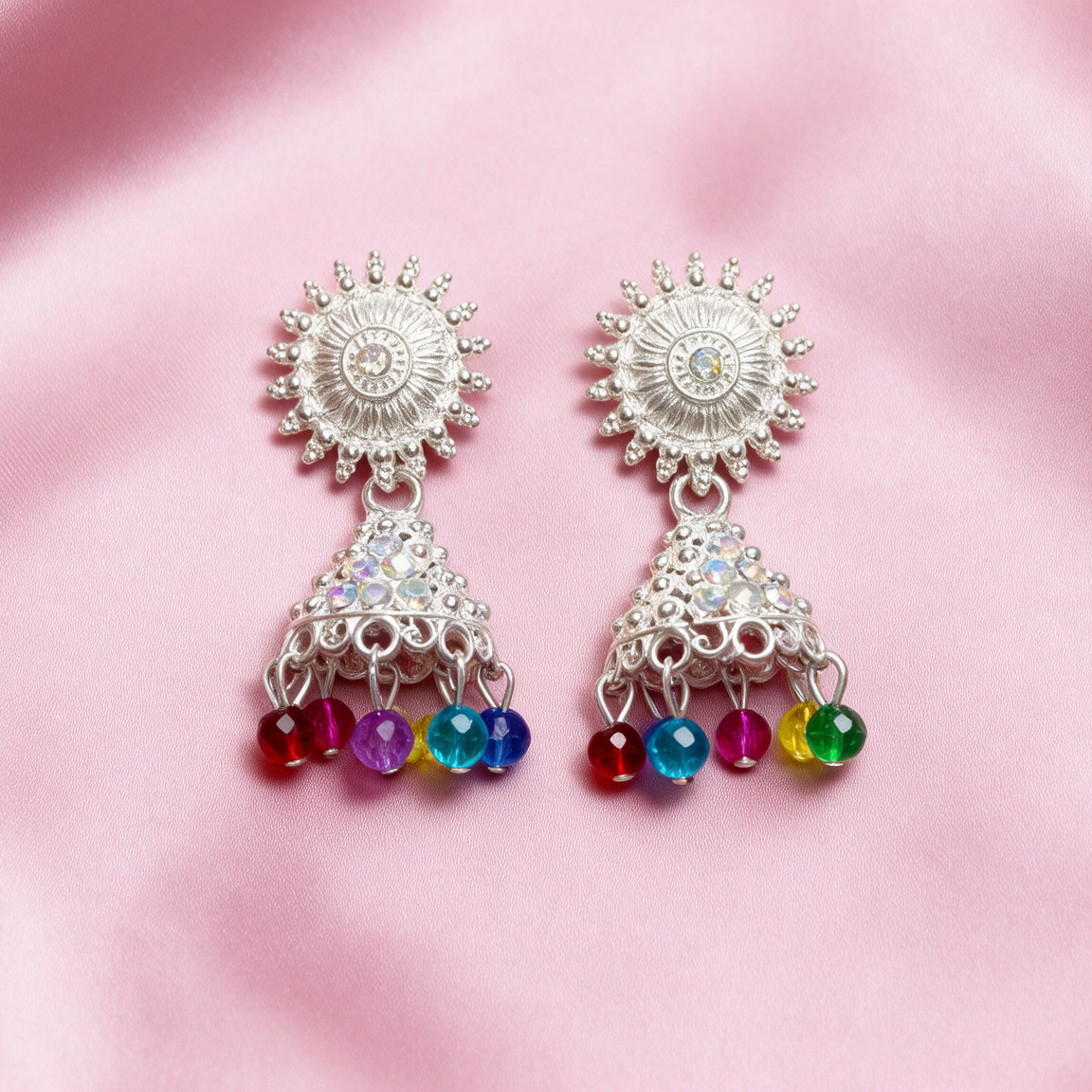 Silver-Tone Multicolor Beaded Jhumka Earrings