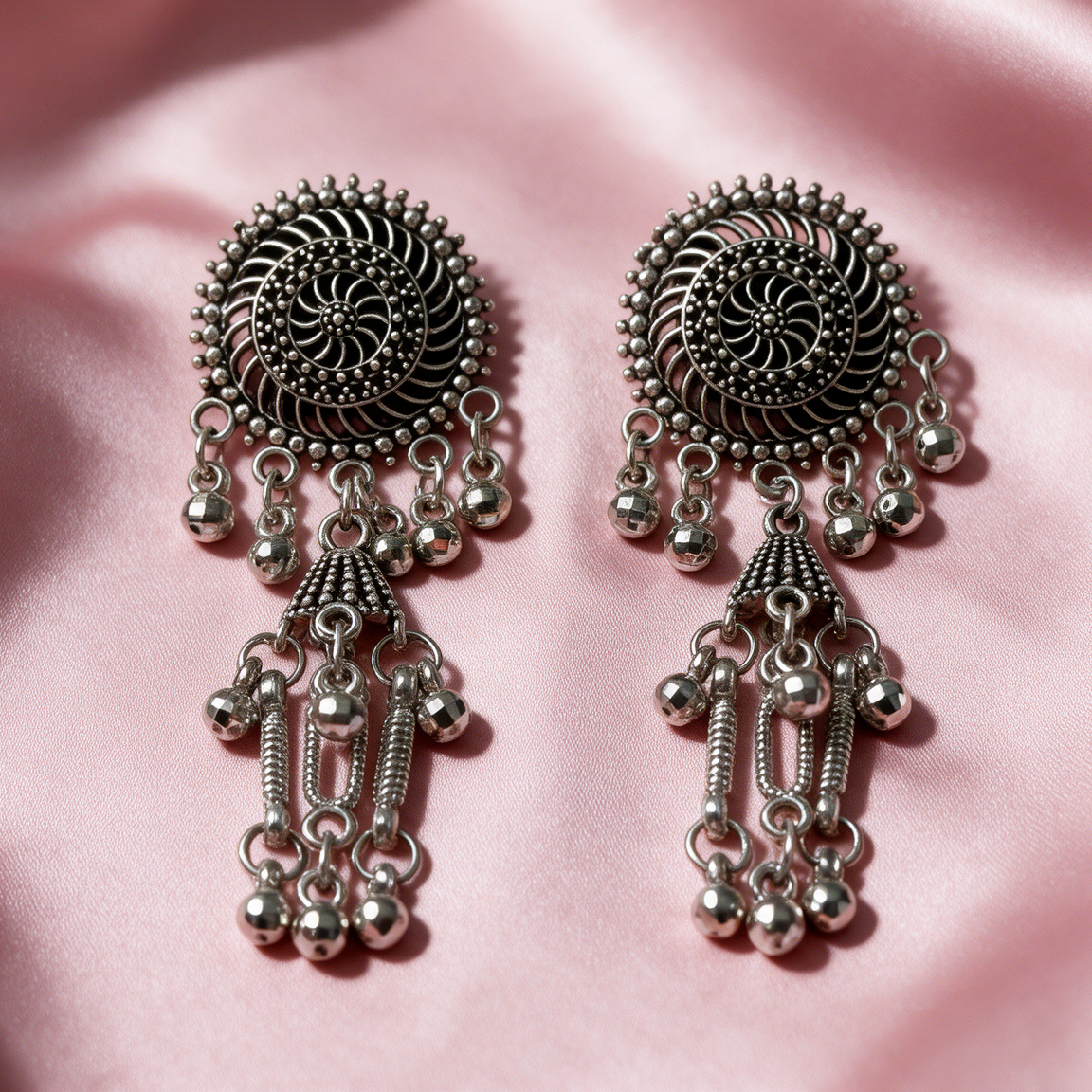 Oxidised Silver Spiral Tassel Earrings