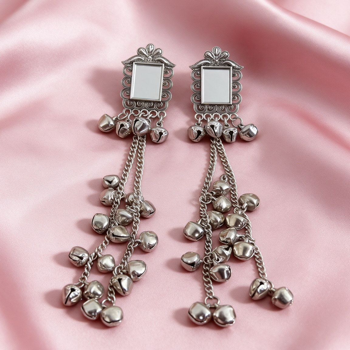 Kashmiri Silver Mirror Ghungroo Tassel Earrings