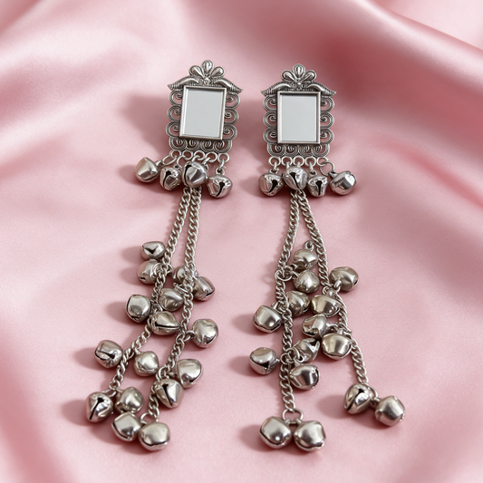 Kashmiri Silver Mirror Ghungroo Tassel Earrings