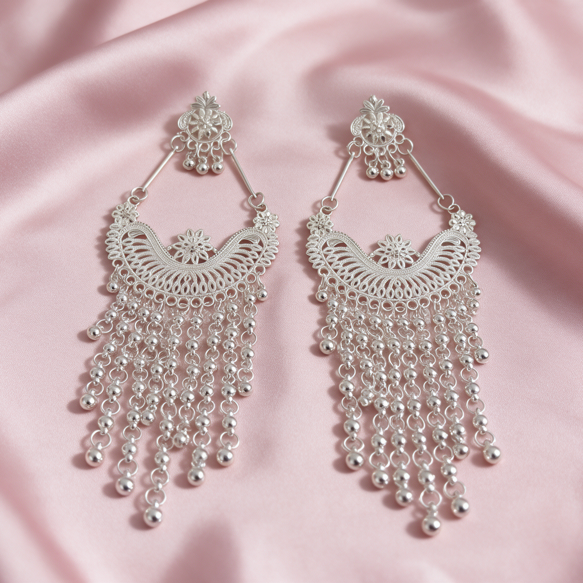 White Kashmiri Jhumka Earrings with Tassel Detailing