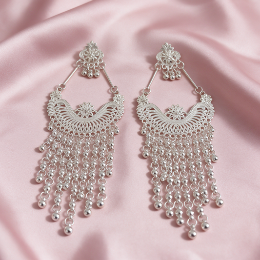 White Kashmiri Jhumka Earrings with Tassel Detailing