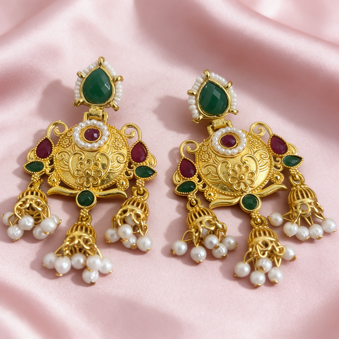 Multicolor Gold Jhumka Earrings with Red Accents