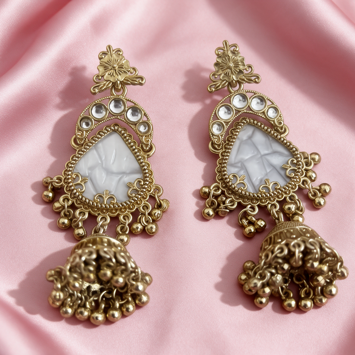 White Stone Gold Chandbali Earrings