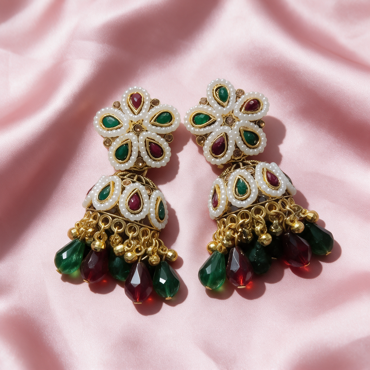 Gold Plated Multicolor Kundan Jhumka Earrings with Pearl Detailing
