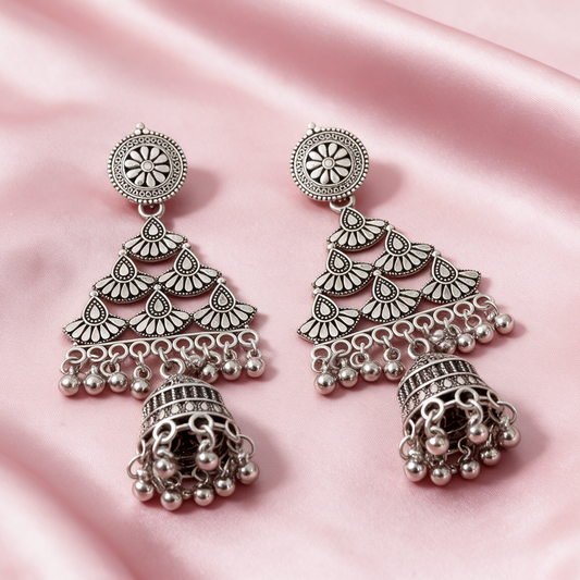 Oxidised Silver Layered Jhumka Drop Earrings