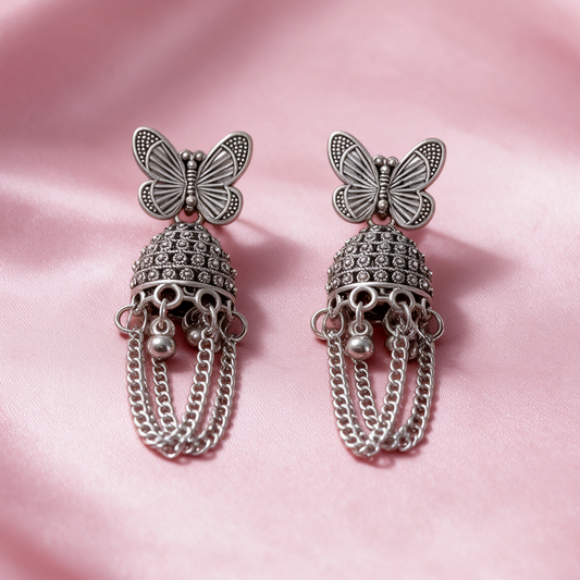 Antique Silver Butterfly Jhumka Chain Earrings
