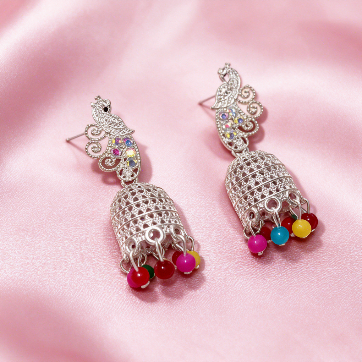 Multicolor Peacock Silver Jhumka Earrings