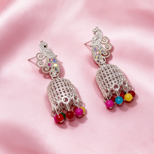 Multicolor Peacock Silver Jhumka Earrings