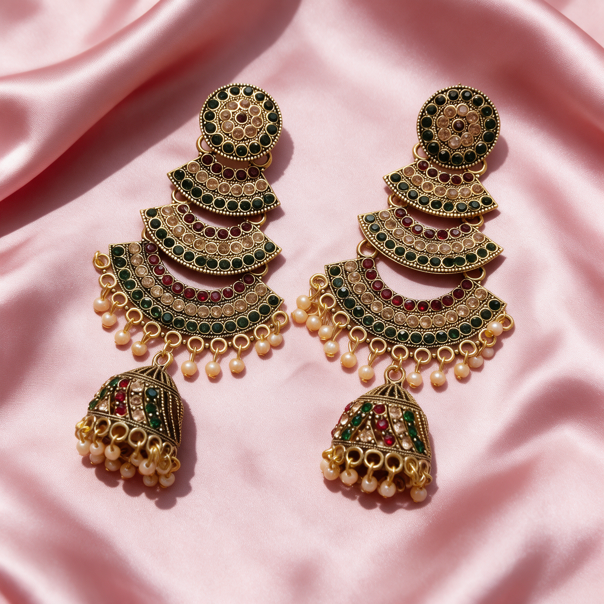 Gold Plated Multicolor Kundan Jhumka Earrings with Pearl Drops