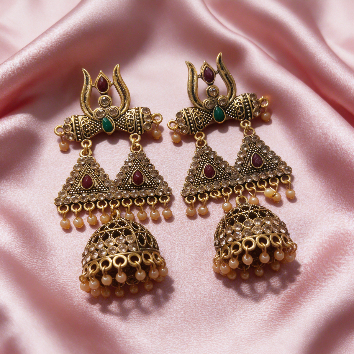 Gold Plated Kundan Jhumka Earrings with Pearl Drops