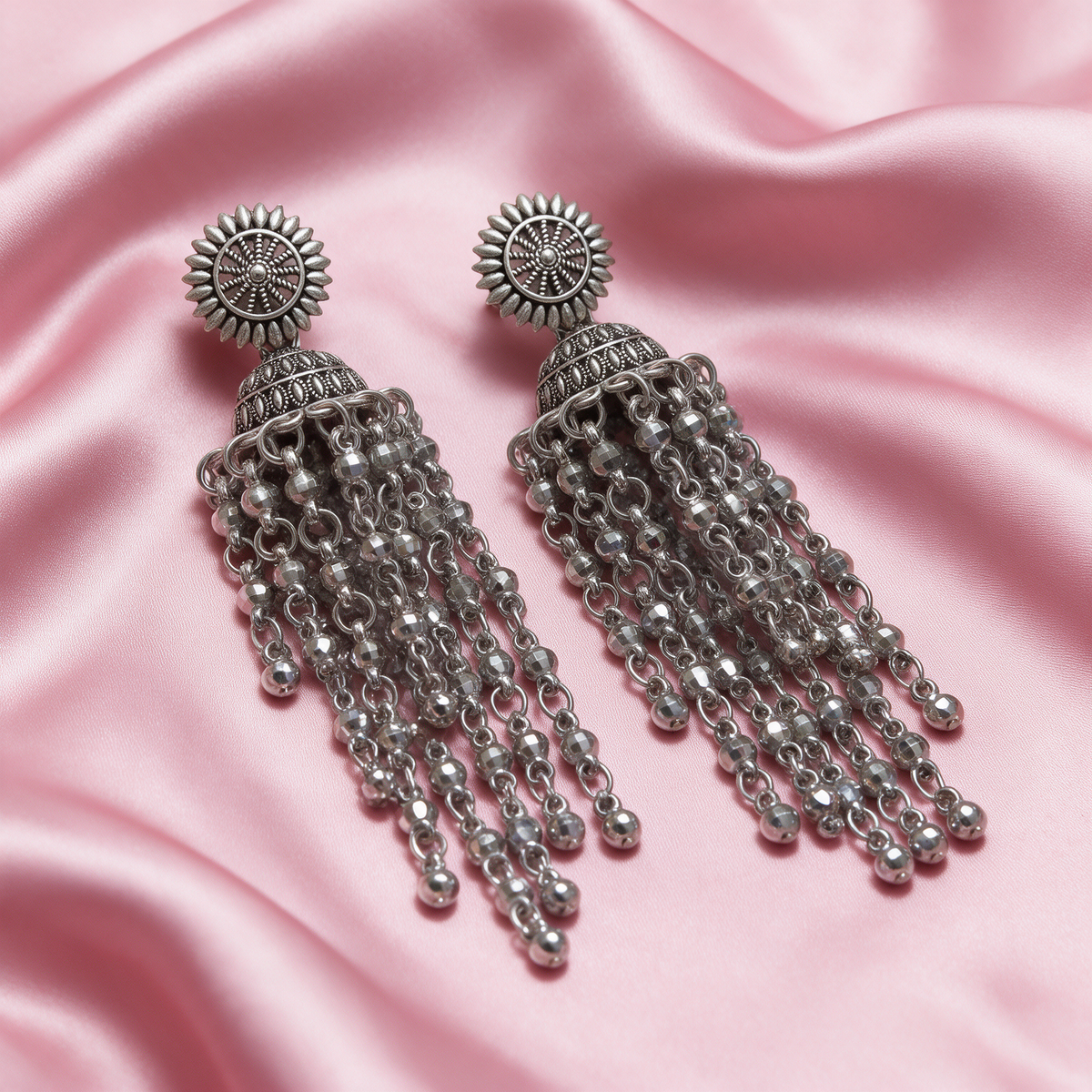Oxidised Silver Long Jhumka Earrings with Chain Drops
