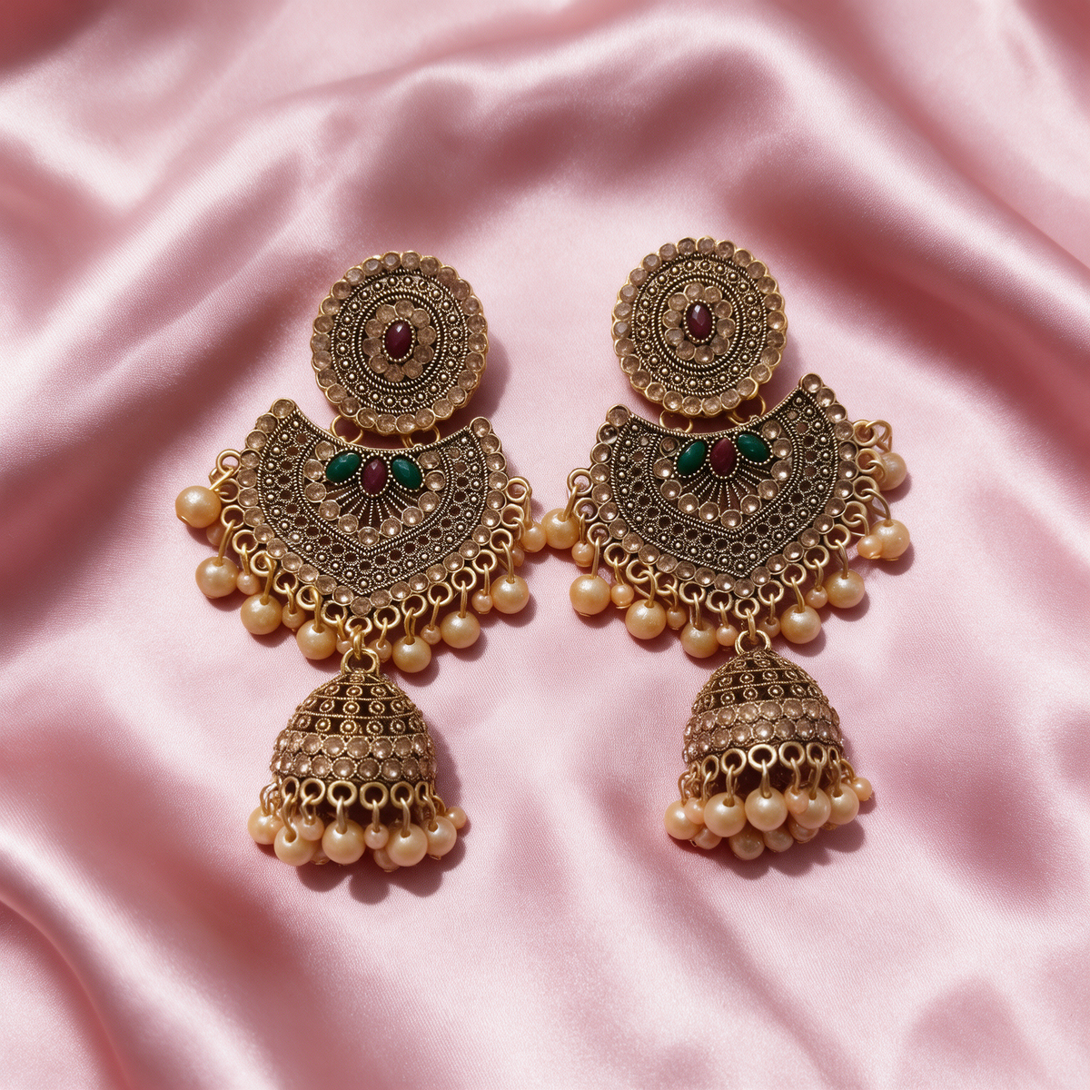 Antique Gold Plated Kundan Jhumka Earrings with Pearl Drops