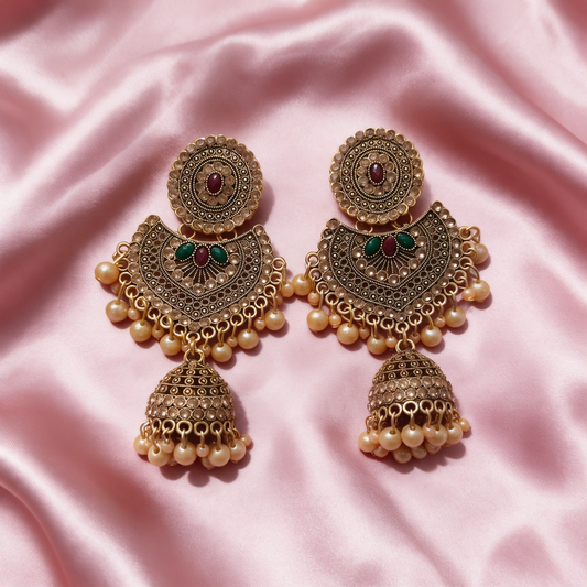 Antique Gold Plated Kundan Jhumka Earrings with Pearl Drops