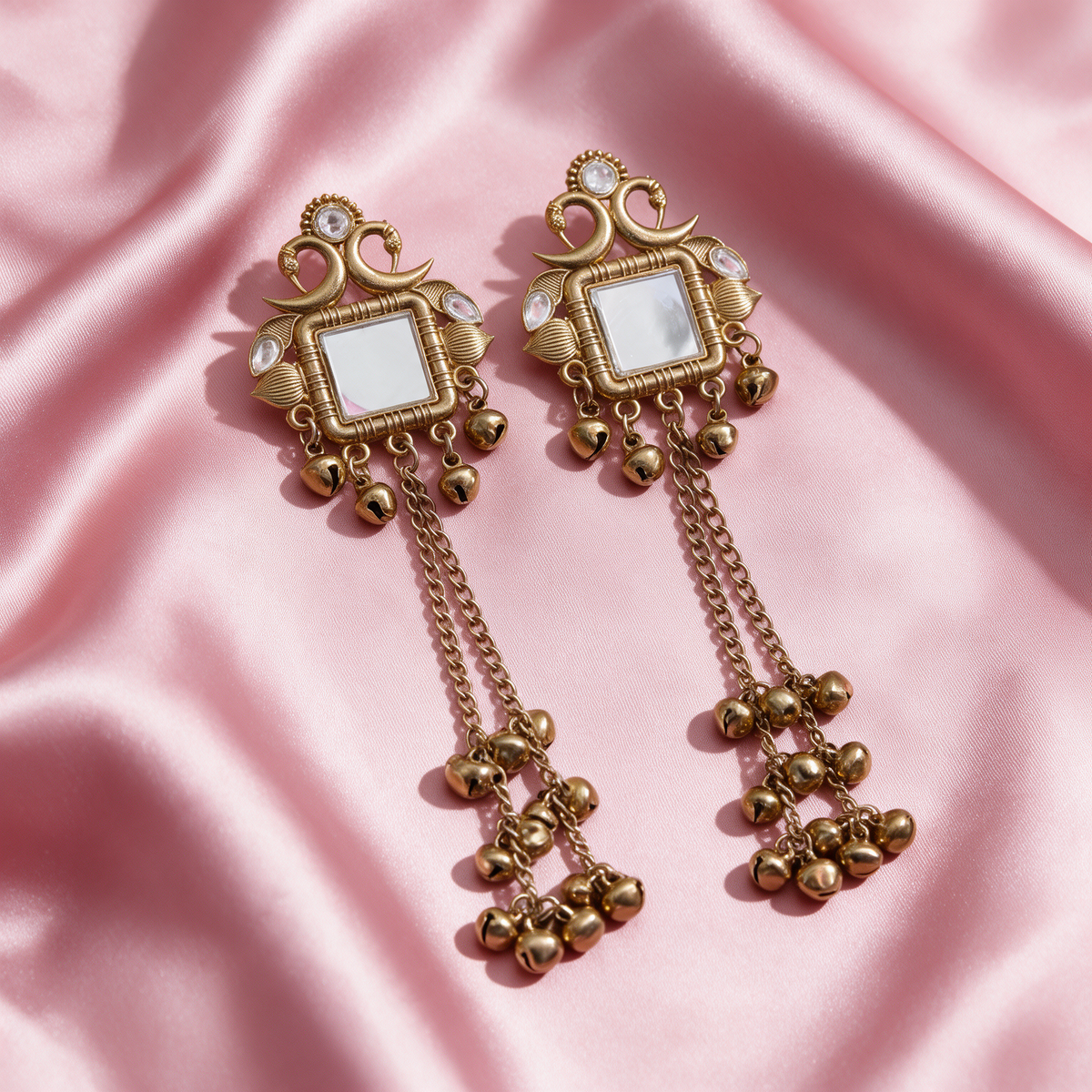 Gold Plated Mirror Stone Long Chain Jhumka Earrings