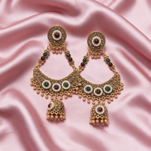 Antique Gold Plated Kundan Chandbali Jhumka Earrings with Pearl Drops