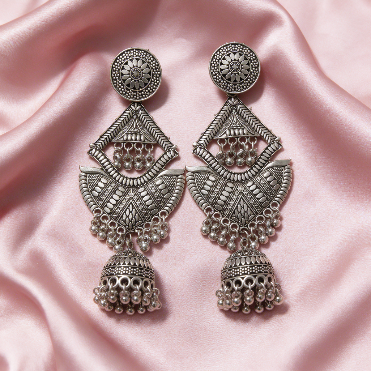 Oxidised Silver Chandbali Jhumka Earrings with Bell Drops