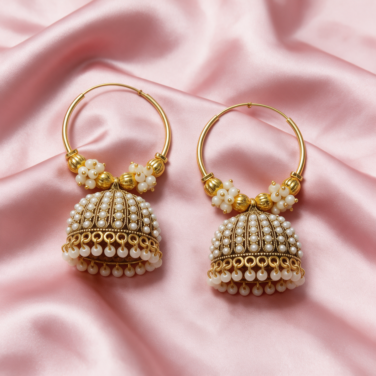 Gold Pearl Hoop Jhumka Earrings