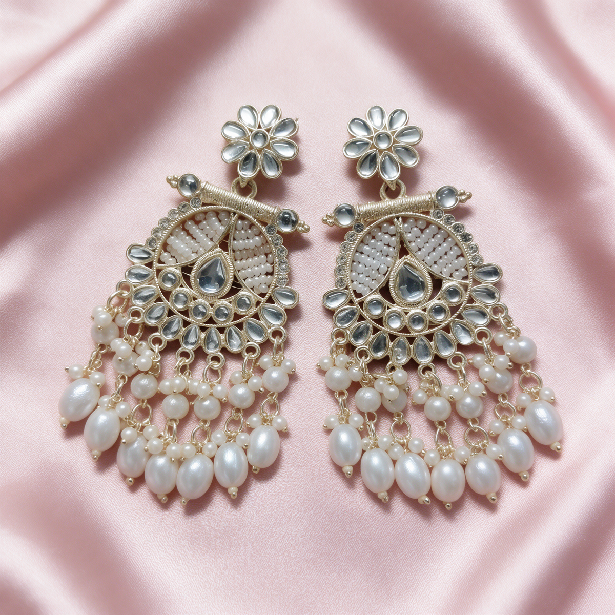 Pearl Kundan Chandbali Earrings