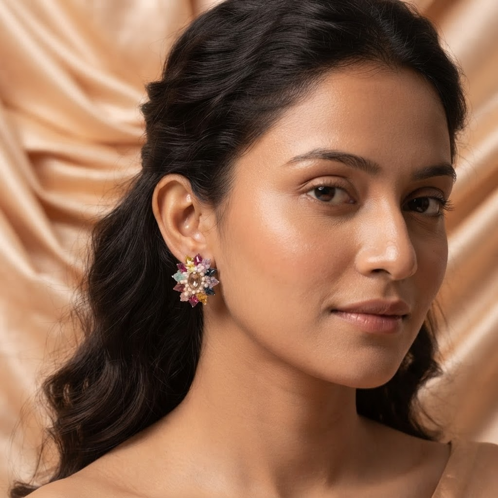 Multicolor Floral Pearl Stud Earrings