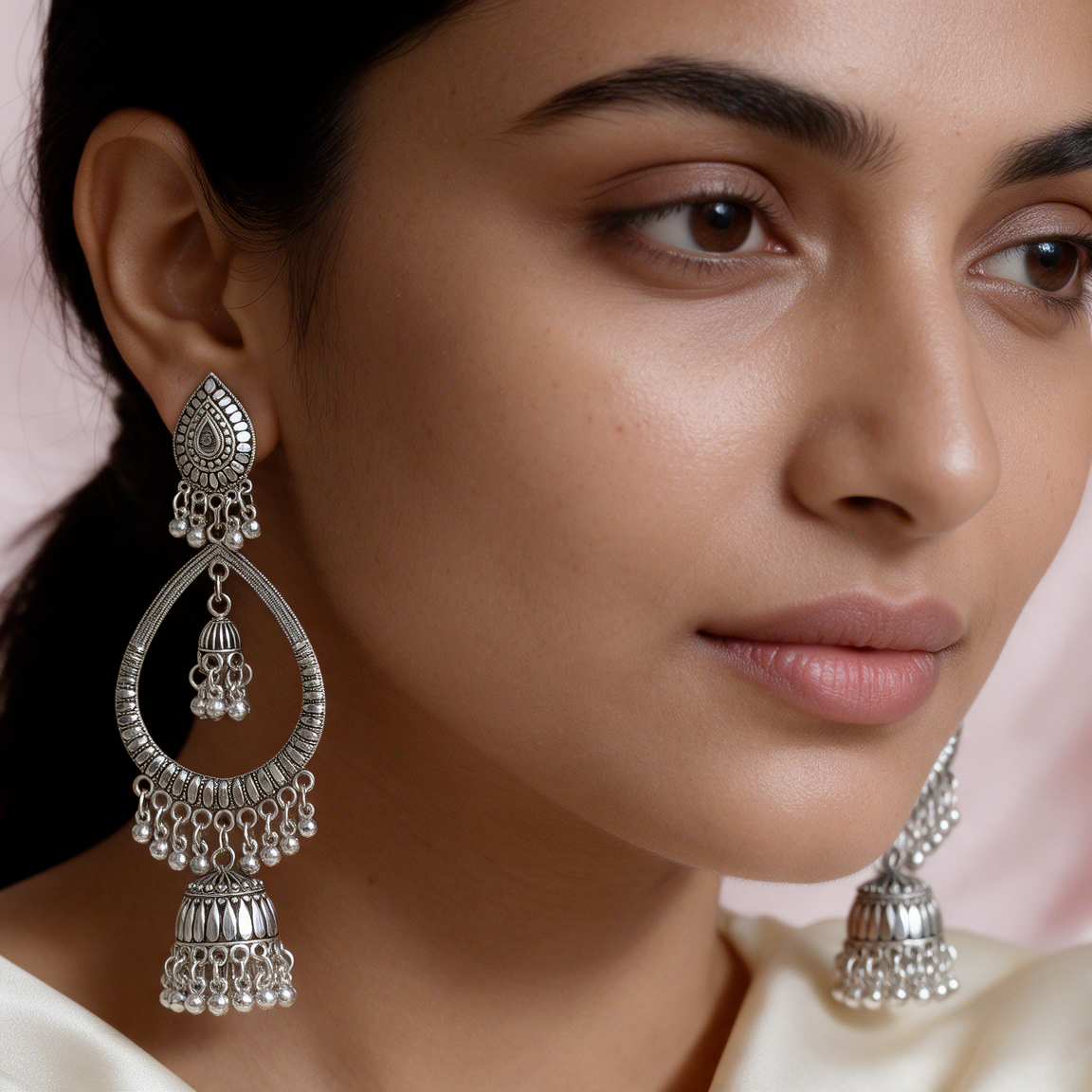 Antique Oxidised Silver Chandbali Jhumka Earrings
