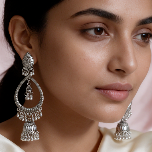 Antique Oxidised Silver Chandbali Jhumka Earrings