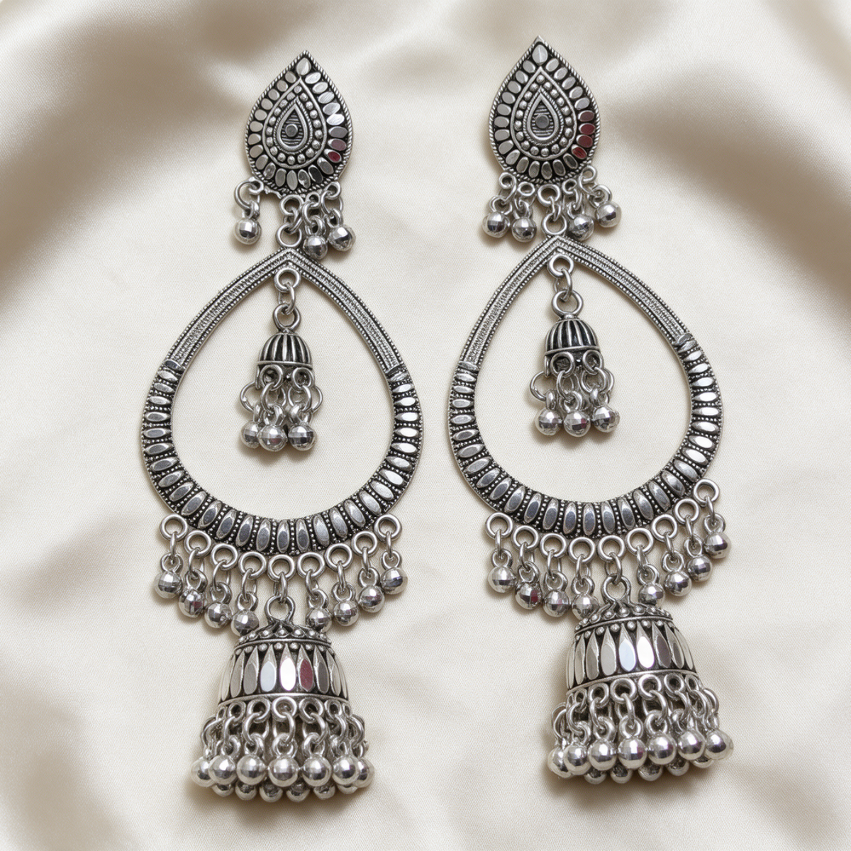 Antique Oxidised Silver Chandbali Jhumka Earrings