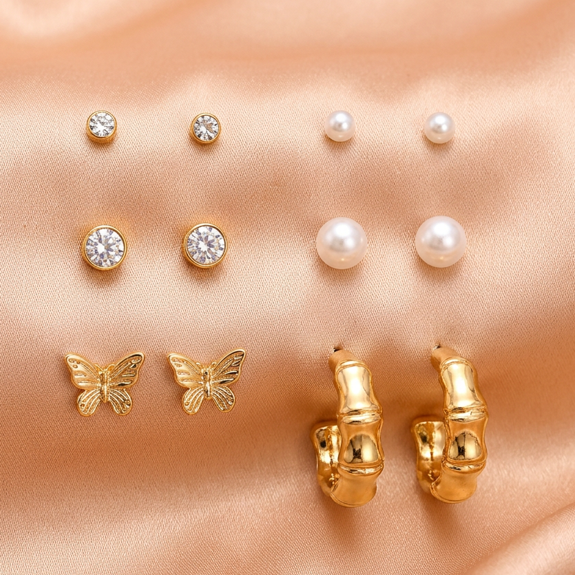 6-Pair Gold-Tone Stud & Drop Earrings Combo Set with Pearls and Crystal Stones