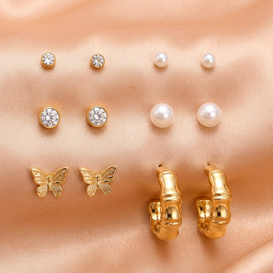 6-Pair Gold-Tone Stud & Drop Earrings Combo Set with Pearls and Crystal Stones