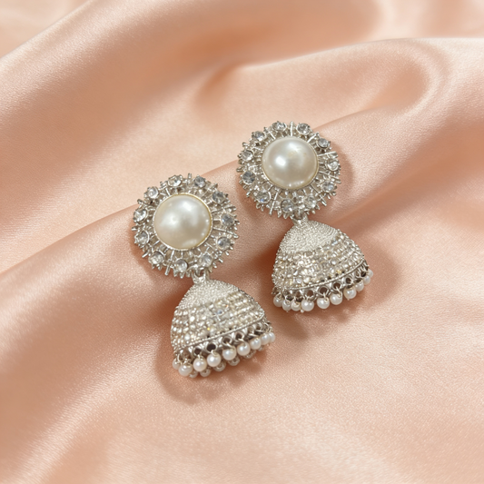 Silver Pearl Stone Jhumka Earrings