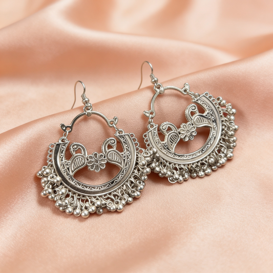 Silver Oxidised Peacock Hoop Earrings