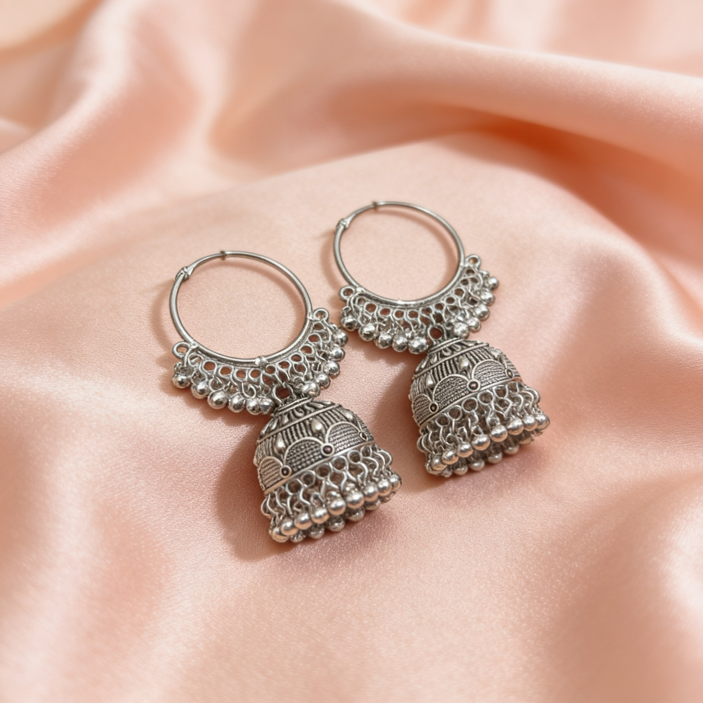 Oxidised Silver Hoop Jhumka Earrings