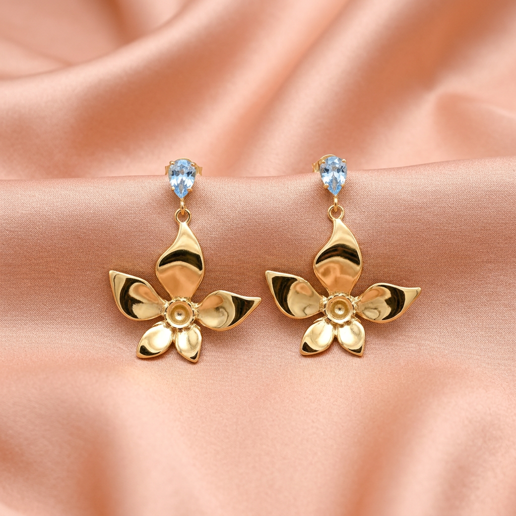 Golden Floral Drop Earrings with Blue Crystal Stone