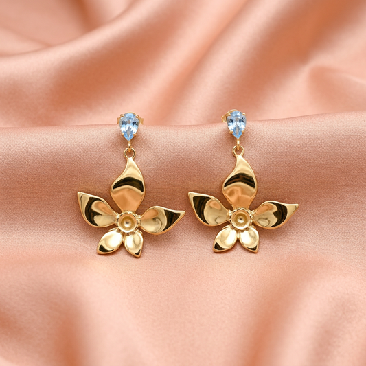 Golden Floral Drop Earrings with Blue Crystal Stone