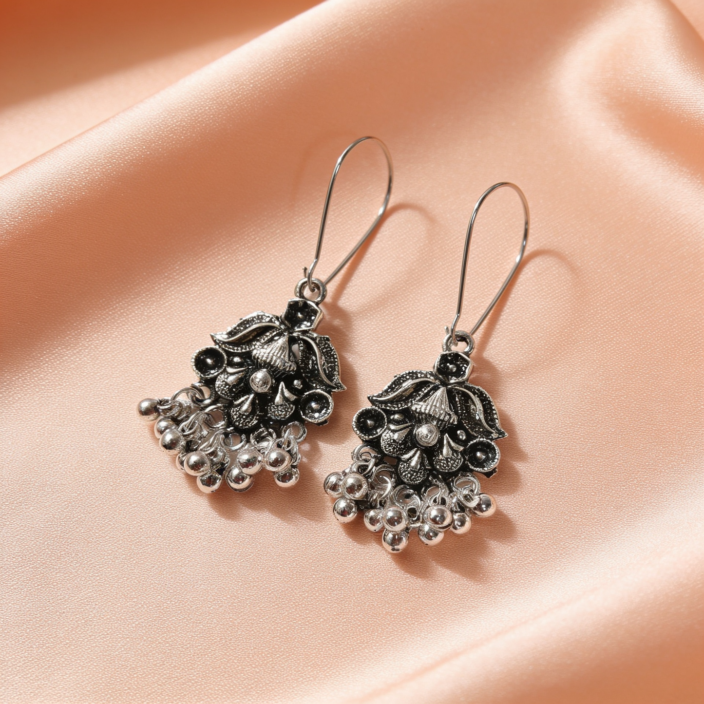 Oxidised Silver Floral Hook Jhumka Earrings