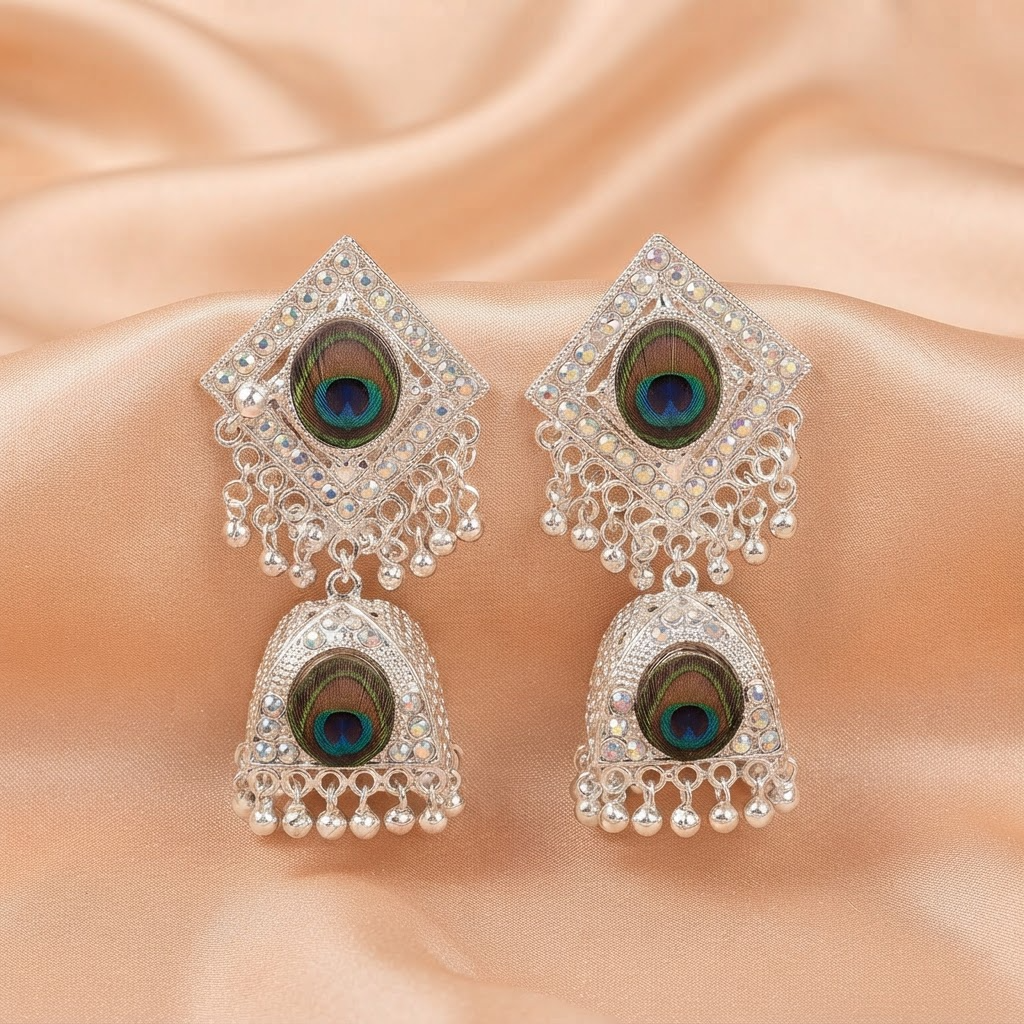 eacock Feather Oxidised Silver Jhumka Earrings