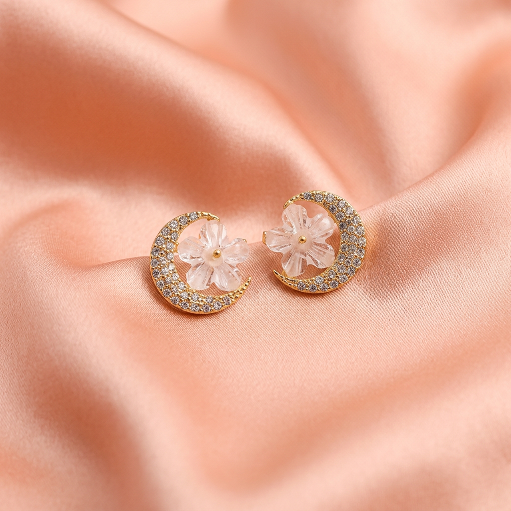 Crystal Crescent Floral Stud Earrings