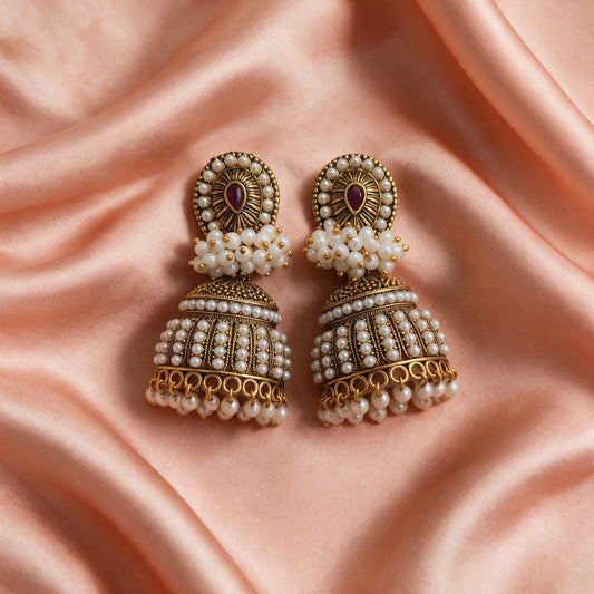 Antique Pearl Studded Royal Jhumka Earrings