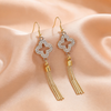 Gold Crystal Clover Tassel Earrings